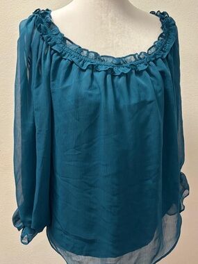 INC International Concepts Teal Ruffle-Trim Sheer Blouse